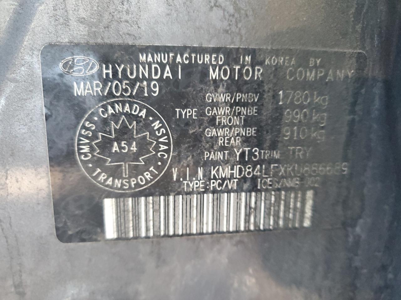 2019 Hyundai Elantra Sel VIN: KMHD84LFXKU886689 Lot: 69386165