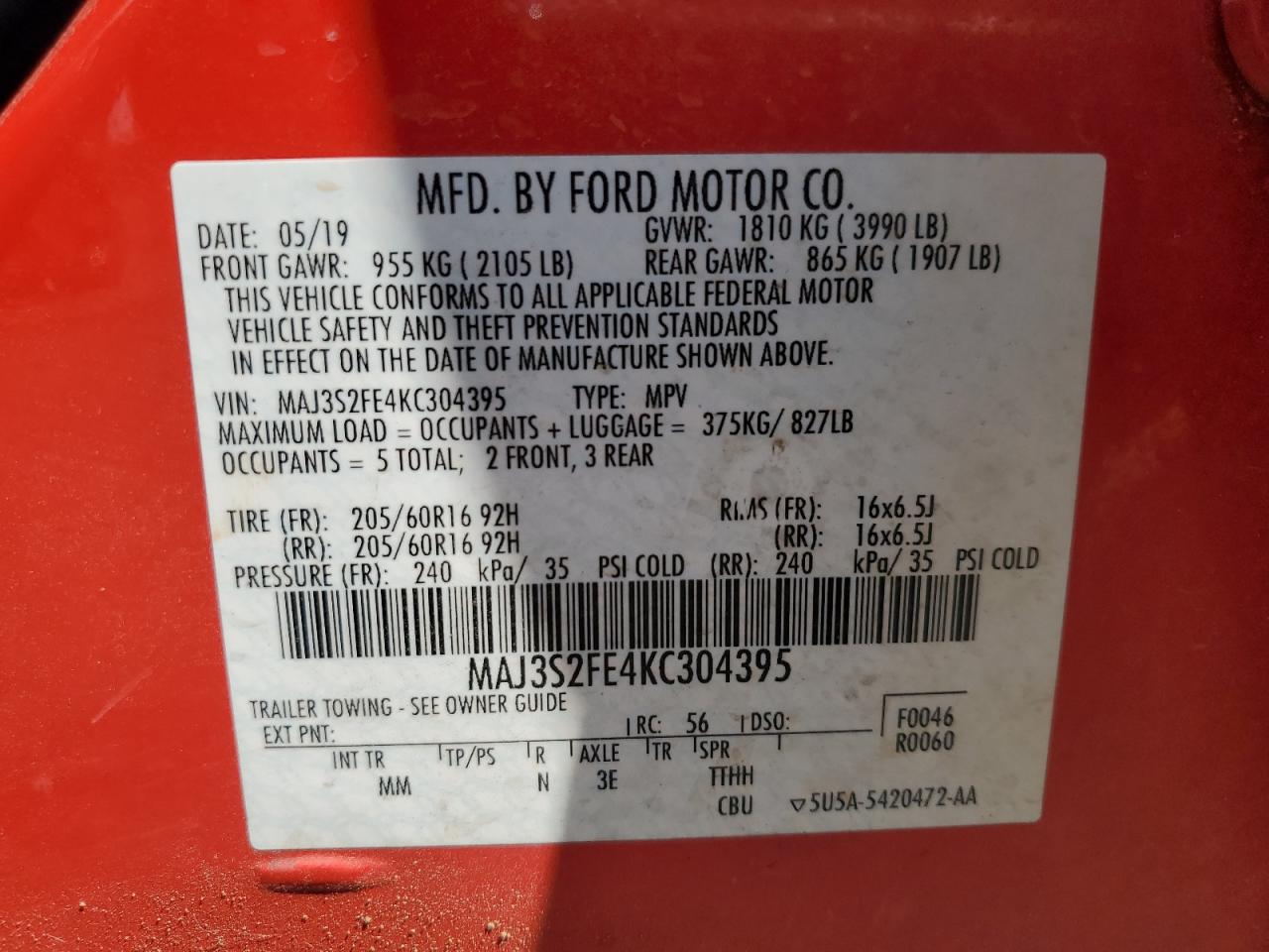 2019 Ford Ecosport S VIN: MAJ3S2FE4KC304395 Lot: 68417145
