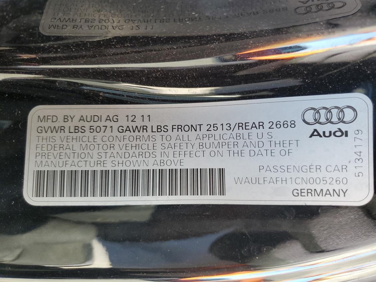 2012 Audi A5 Premium Plus VIN: WAULFAFH1CN005260 Lot: 69999455