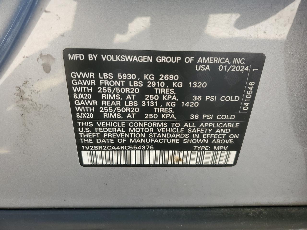 2024 Volkswagen Atlas Sel VIN: 1V2BR2CA4RC554375 Lot: 67409635