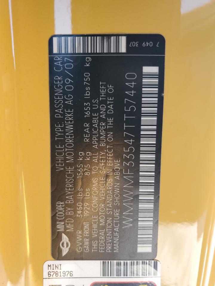 2007 Mini Cooper VIN: WMWMF33547TT57440 Lot: 70872765