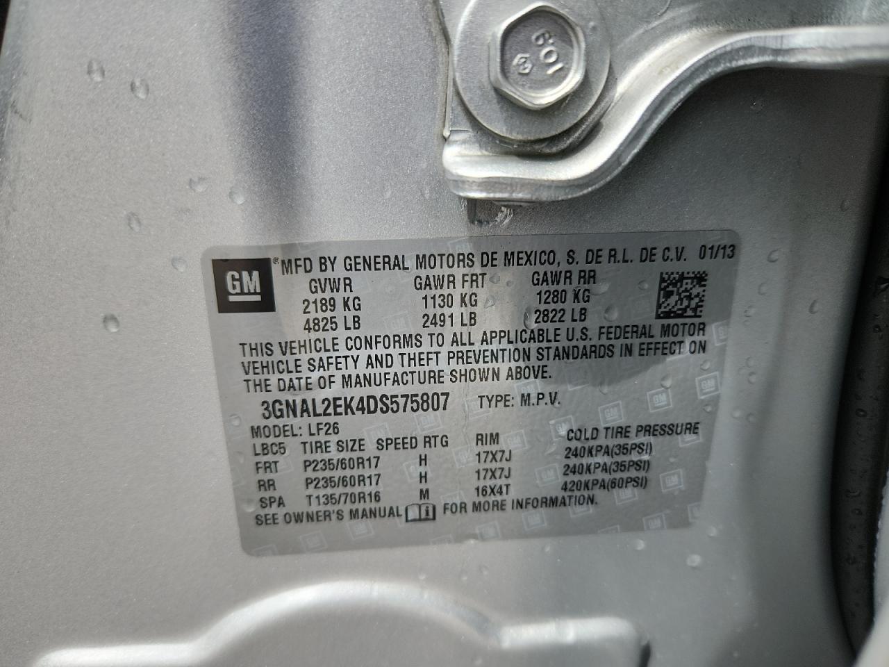 2013 Chevrolet Captiva Ls VIN: 3GNAL2EK4DS575807 Lot: 70582025