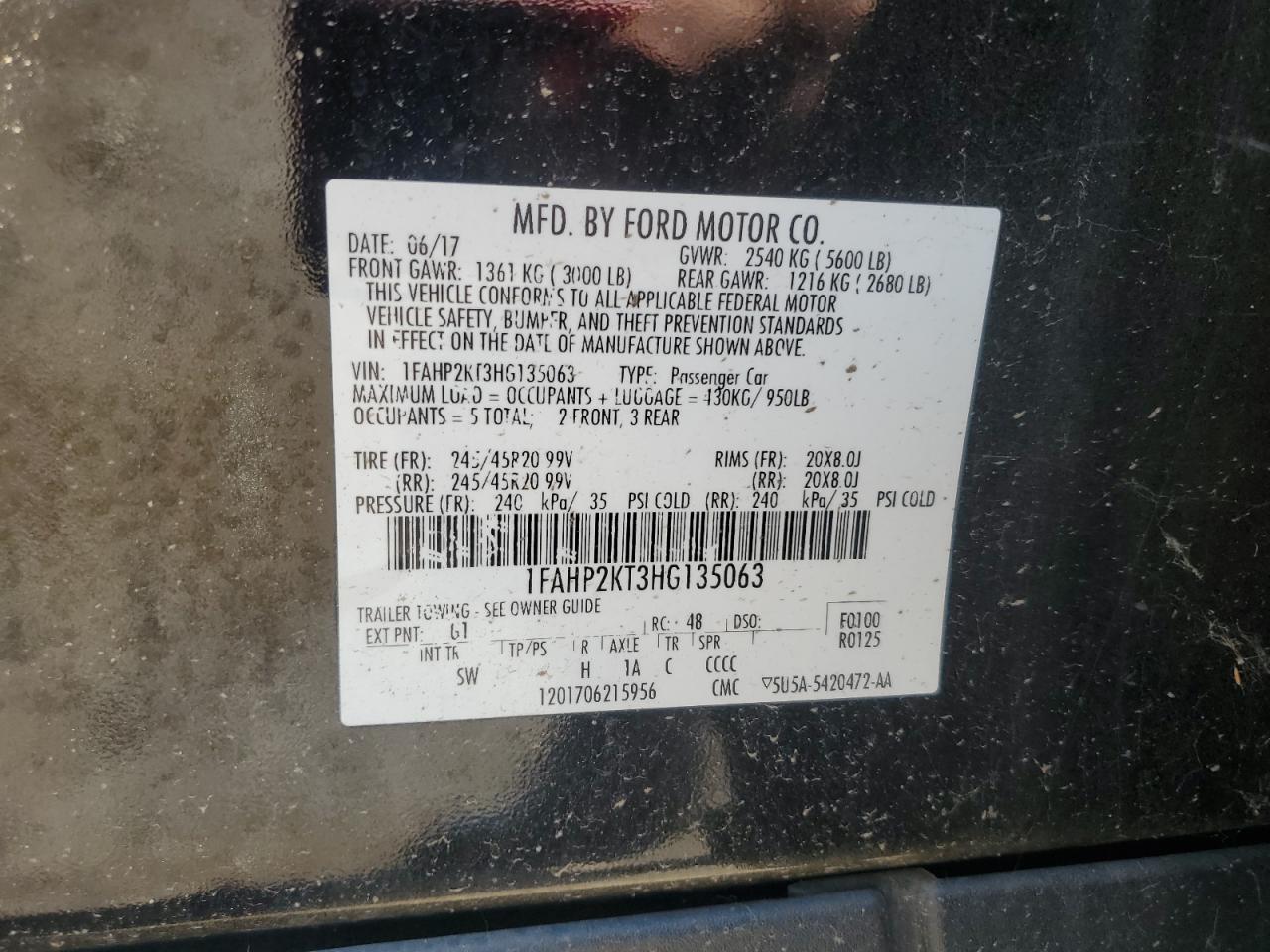 2017 Ford Taurus Sho VIN: 1FAHP2KT3HG135063 Lot: 68136825