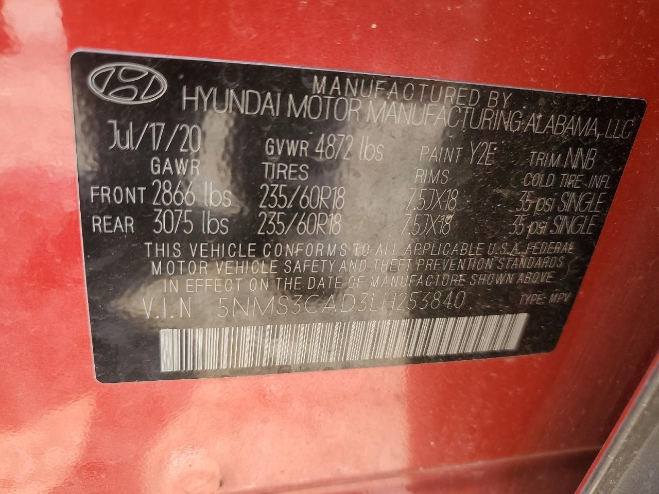 2020 Hyundai Santa Fe Sel VIN: 5NMS3CAD3LH253840 Lot: 67475675