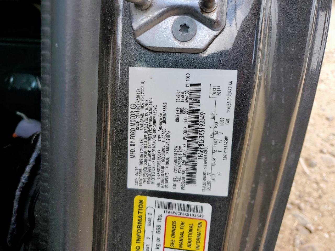 2019 Ford Mustang Gt VIN: 1FA6P8CF3K5193549 Lot: 70503895