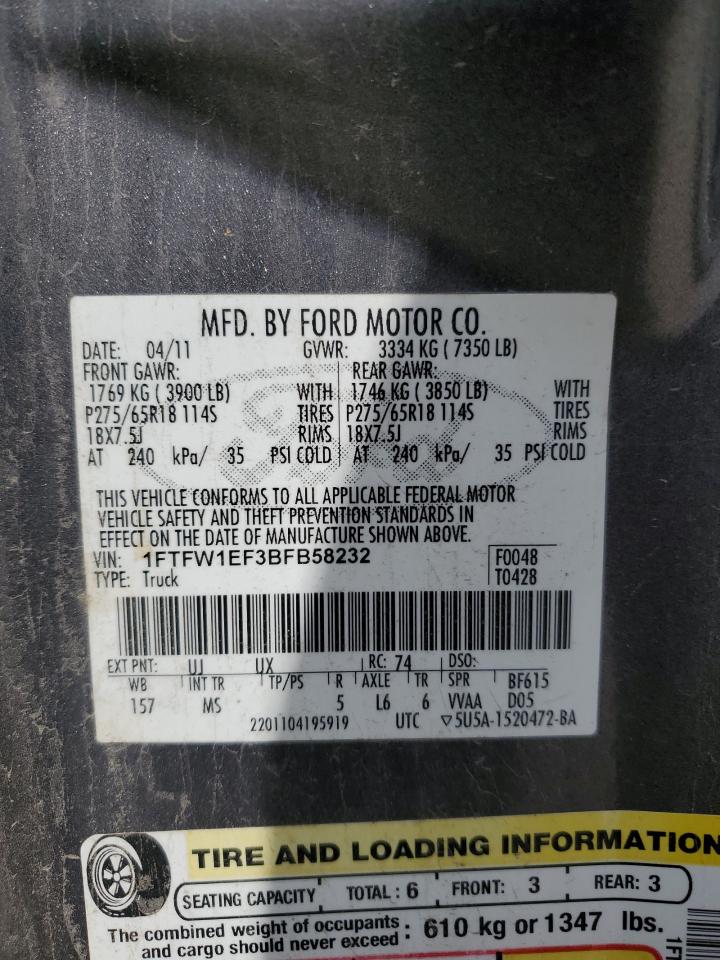 1FTFW1EF3BFB58232 2011 Ford F150 Supercrew