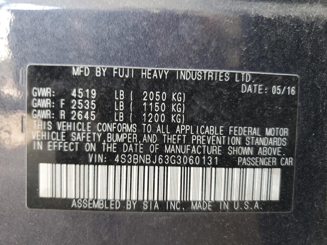 2016 Subaru Legacy 2.5I Limited VIN: 4S3BNBJ63G3060131 Lot: 69065575