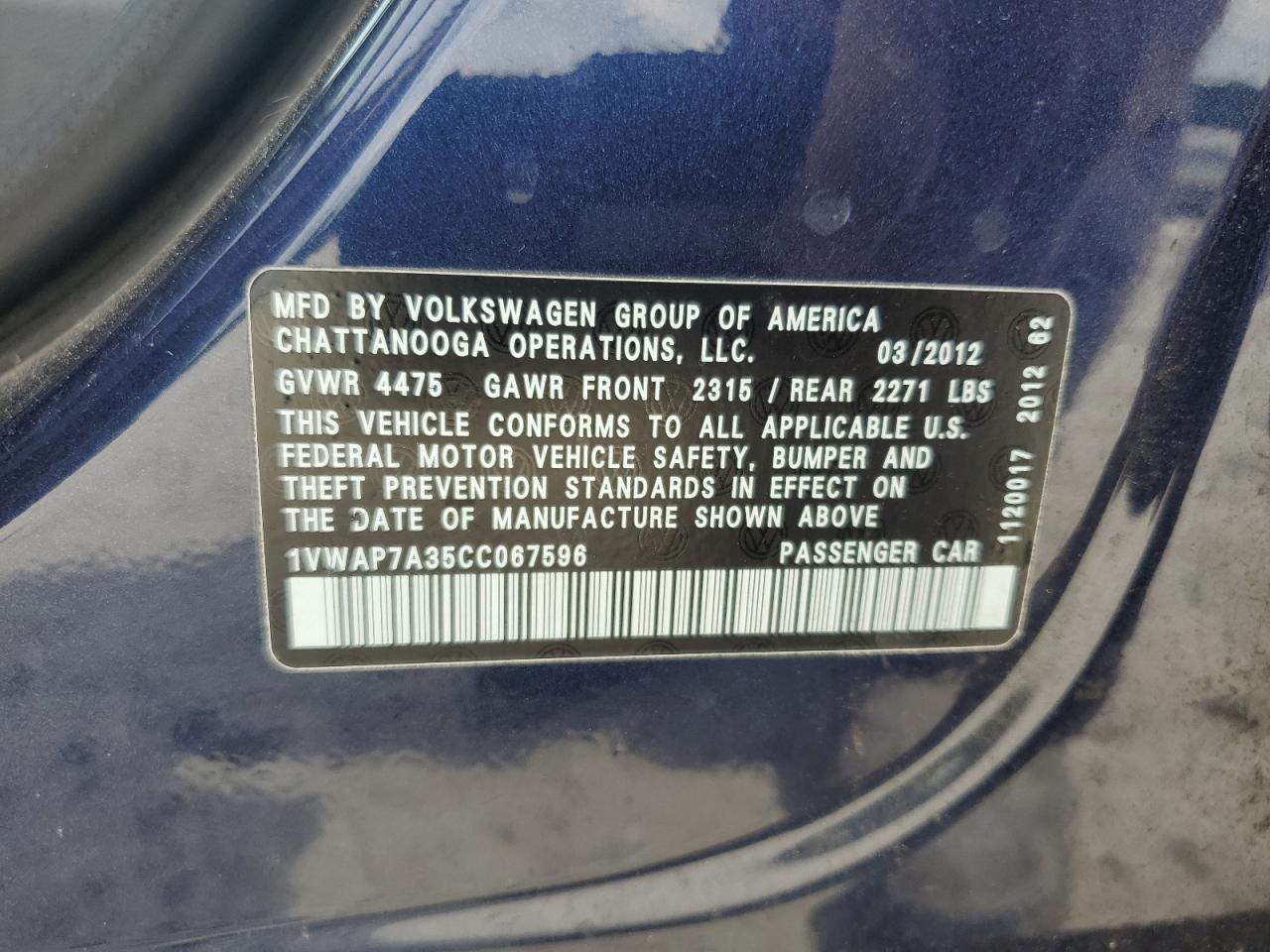 2012 Volkswagen Passat S VIN: 1VWAP7A35CC067596 Lot: 70915715