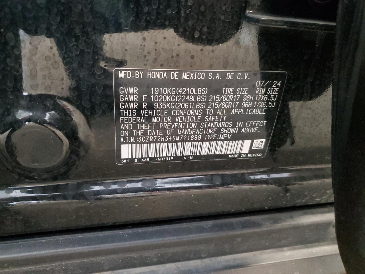 2025 Honda Hr-V Lx VIN: 3CZRZ2H34SM721889 Lot: 69852985