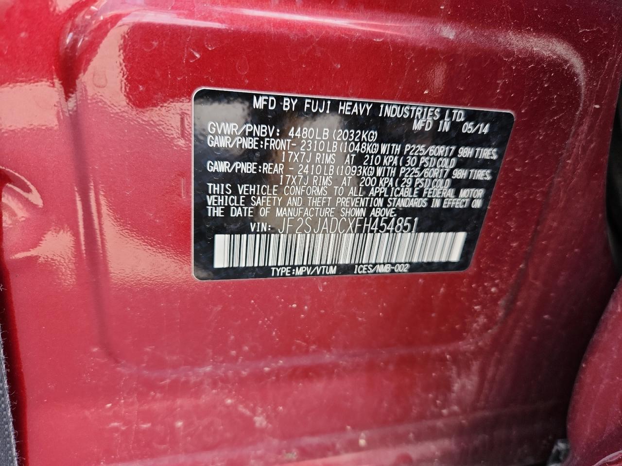 2015 Subaru Forester 2.5I Premium VIN: JF2SJADCXFH454851 Lot: 67139395