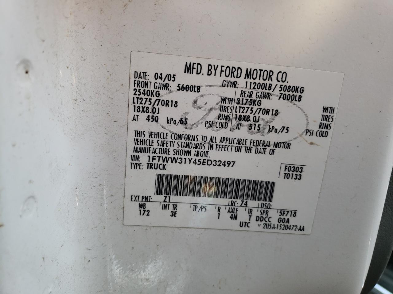 2005 Ford F350 Srw Super Duty VIN: 1FTWW31Y45ED32497 Lot: 66879225