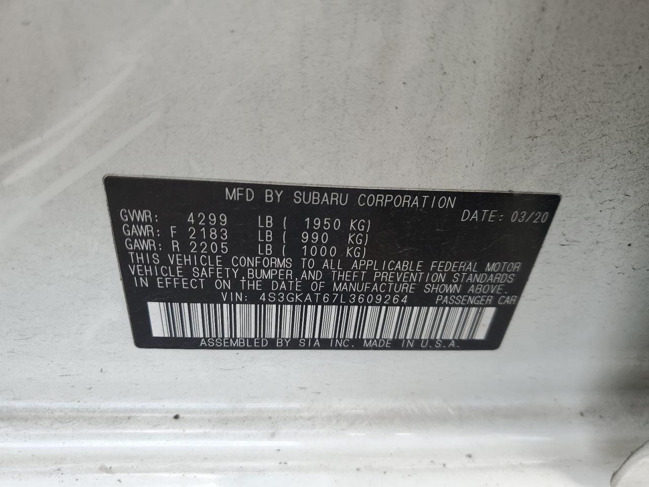 2020 Subaru Impreza Limited VIN: 4S3GKAT67L3609264 Lot: 70374095