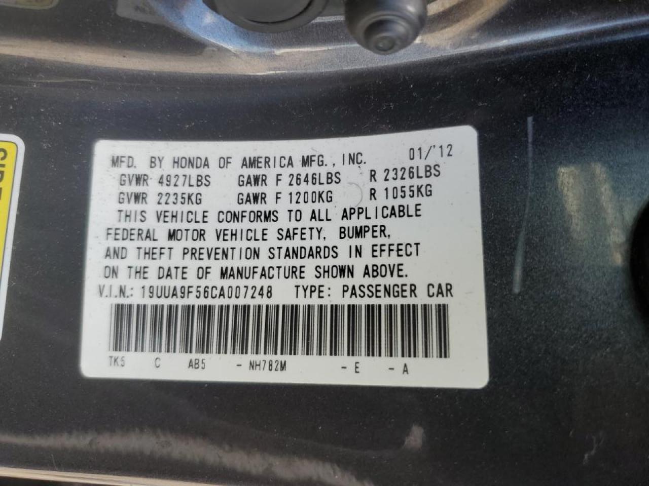 2012 Acura Tl VIN: 19UUA9F56CA007248 Lot: 68183405