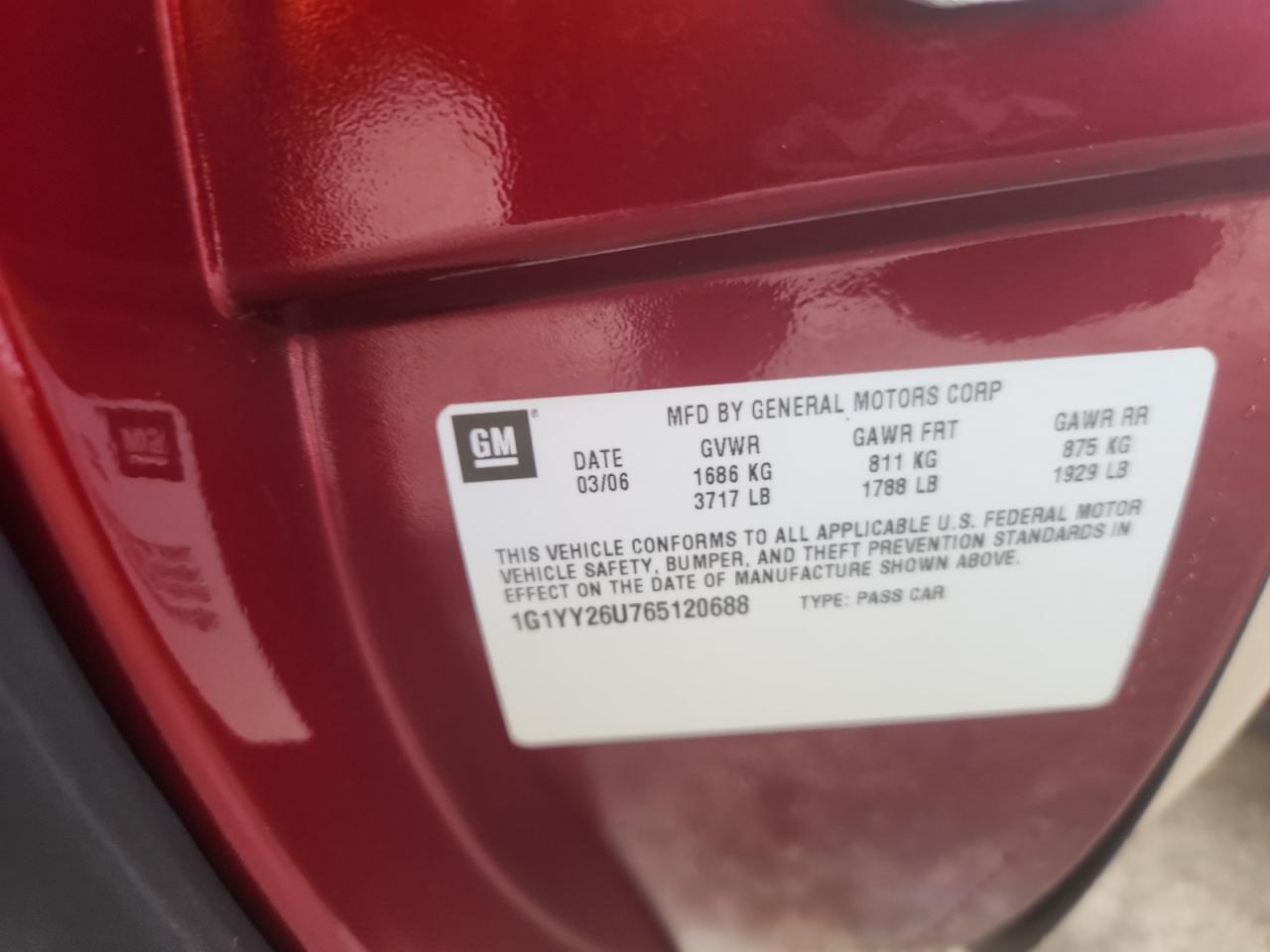 2006 Chevrolet Corvette VIN: 1G1YY26U765120688 Lot: 69309695