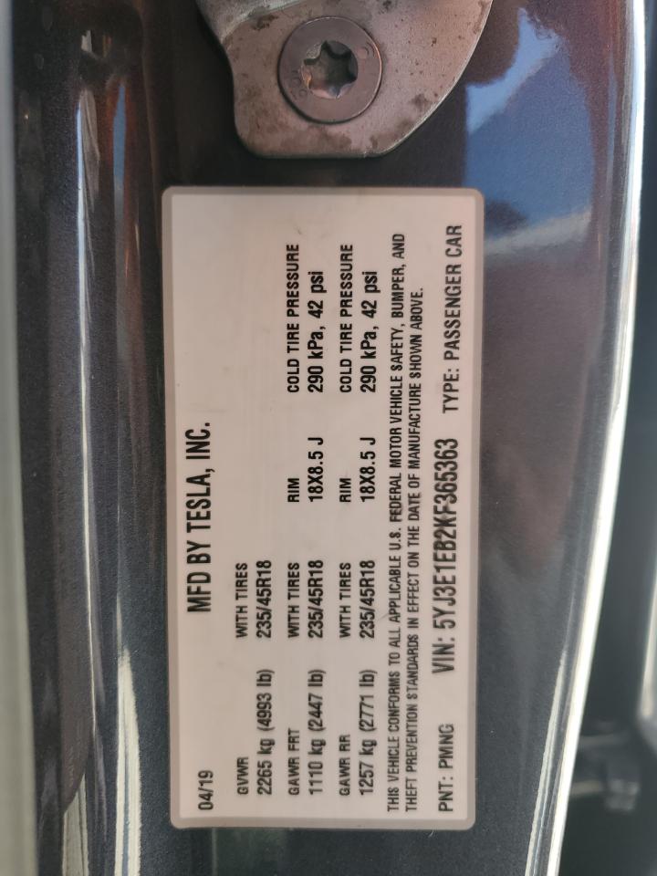 2019 Tesla Model 3 VIN: 5YJ3E1EB2KF365363 Lot: 68332735