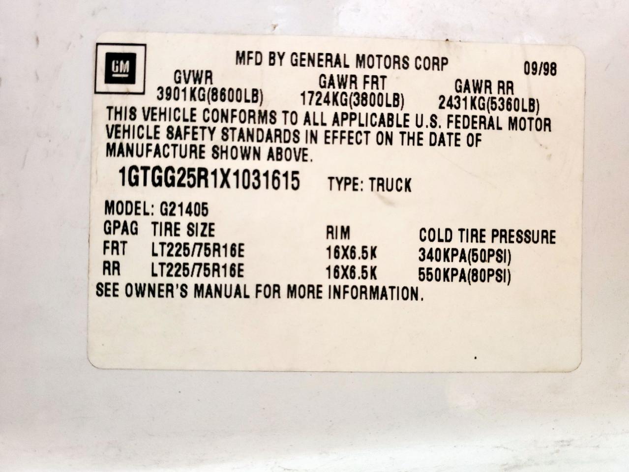 1999 GMC Savana G2500 VIN: 1GTGG25R1X1031615 Lot: 69958345