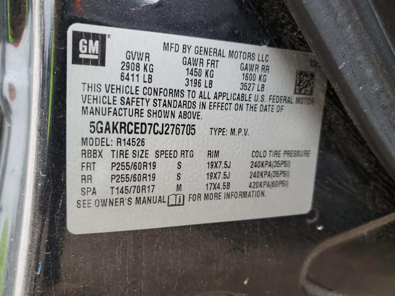 2012 Buick Enclave VIN: 5GAKRCED7CJ276705 Lot: 70149965