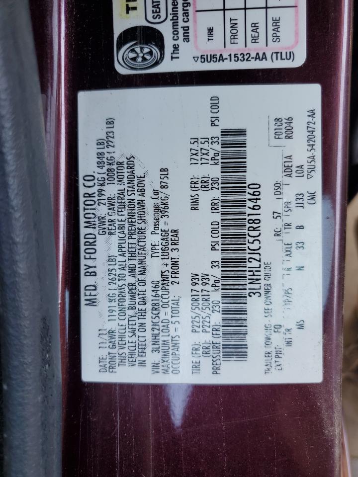 2012 Lincoln Mkz VIN: 3LNHL2JC5CR816460 Lot: 67729715