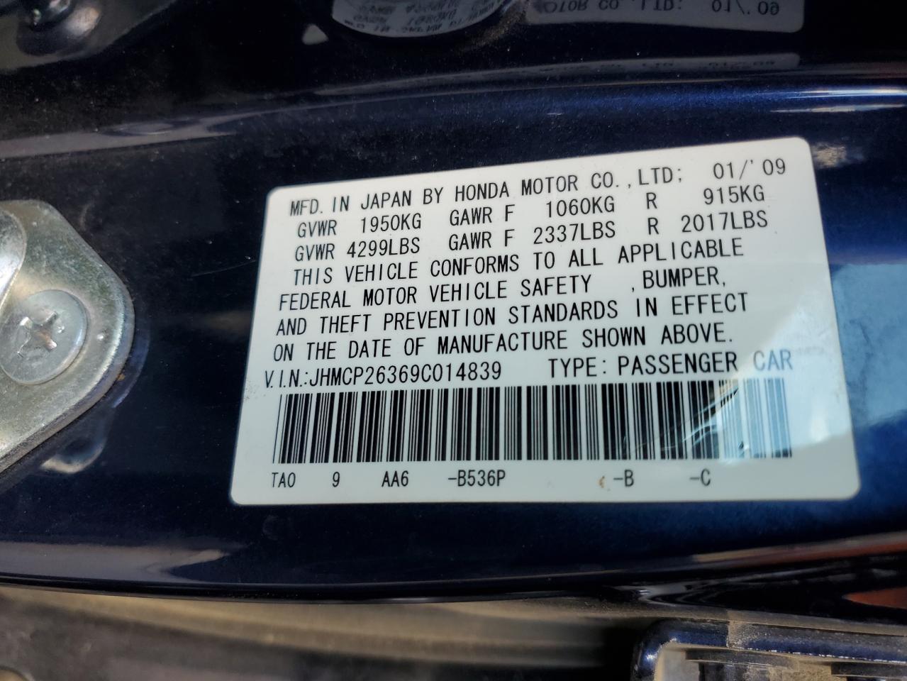 2009 Honda Accord Lx VIN: JHMCP26369C014839 Lot: 70915265