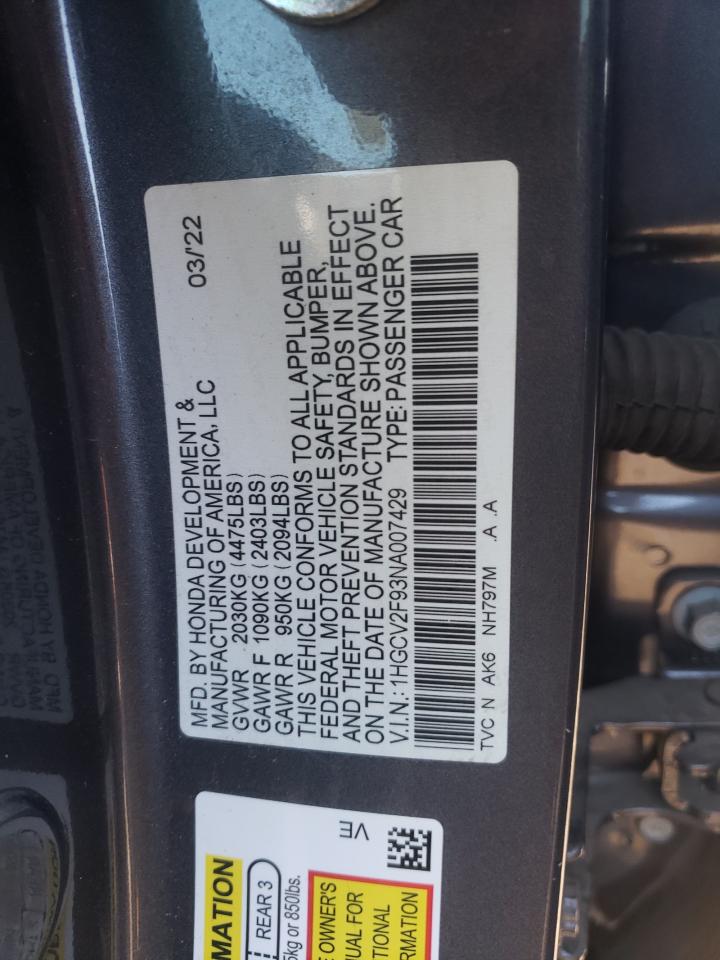 2022 Honda Accord Touring VIN: 1HGCV2F93NA007429 Lot: 69223135