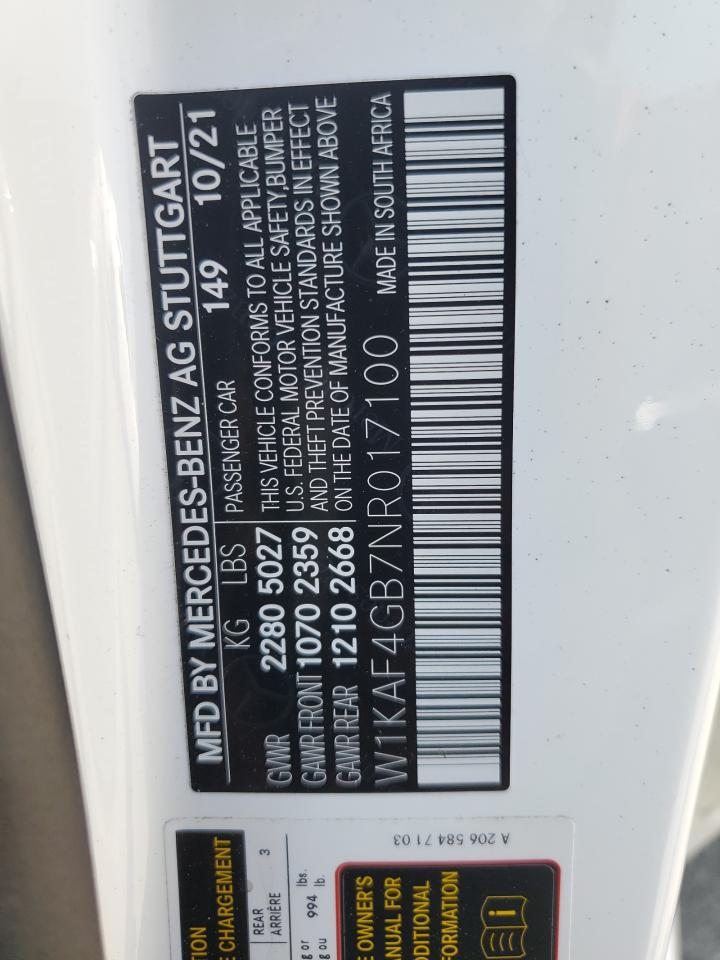 2022 Mercedes-Benz C 300 VIN: W1KAF4GB7NR017100 Lot: 70561195