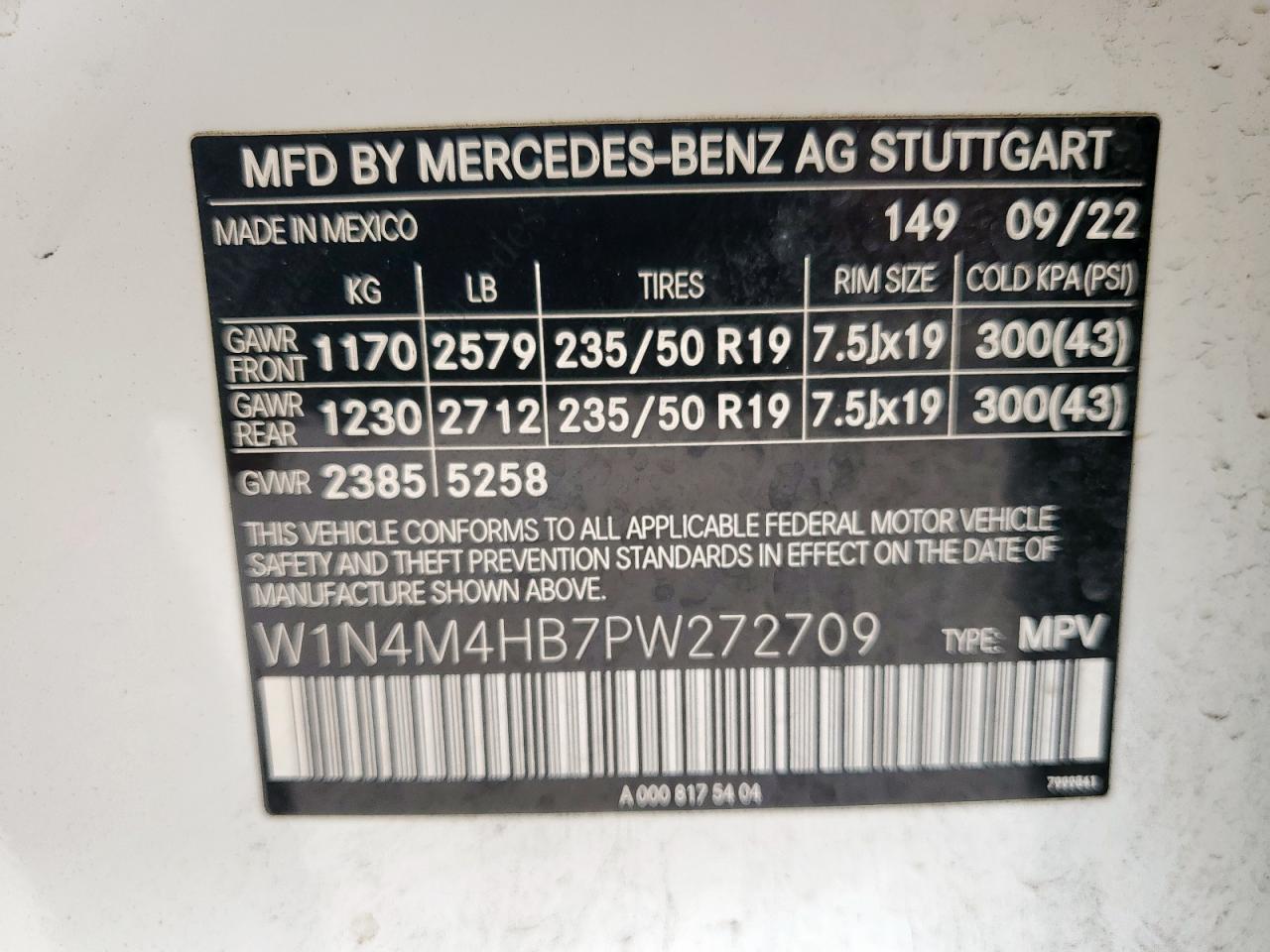 2023 Mercedes-Benz Glb 250 4Matic VIN: W1N4M4HB7PW272709 Lot: 63505215