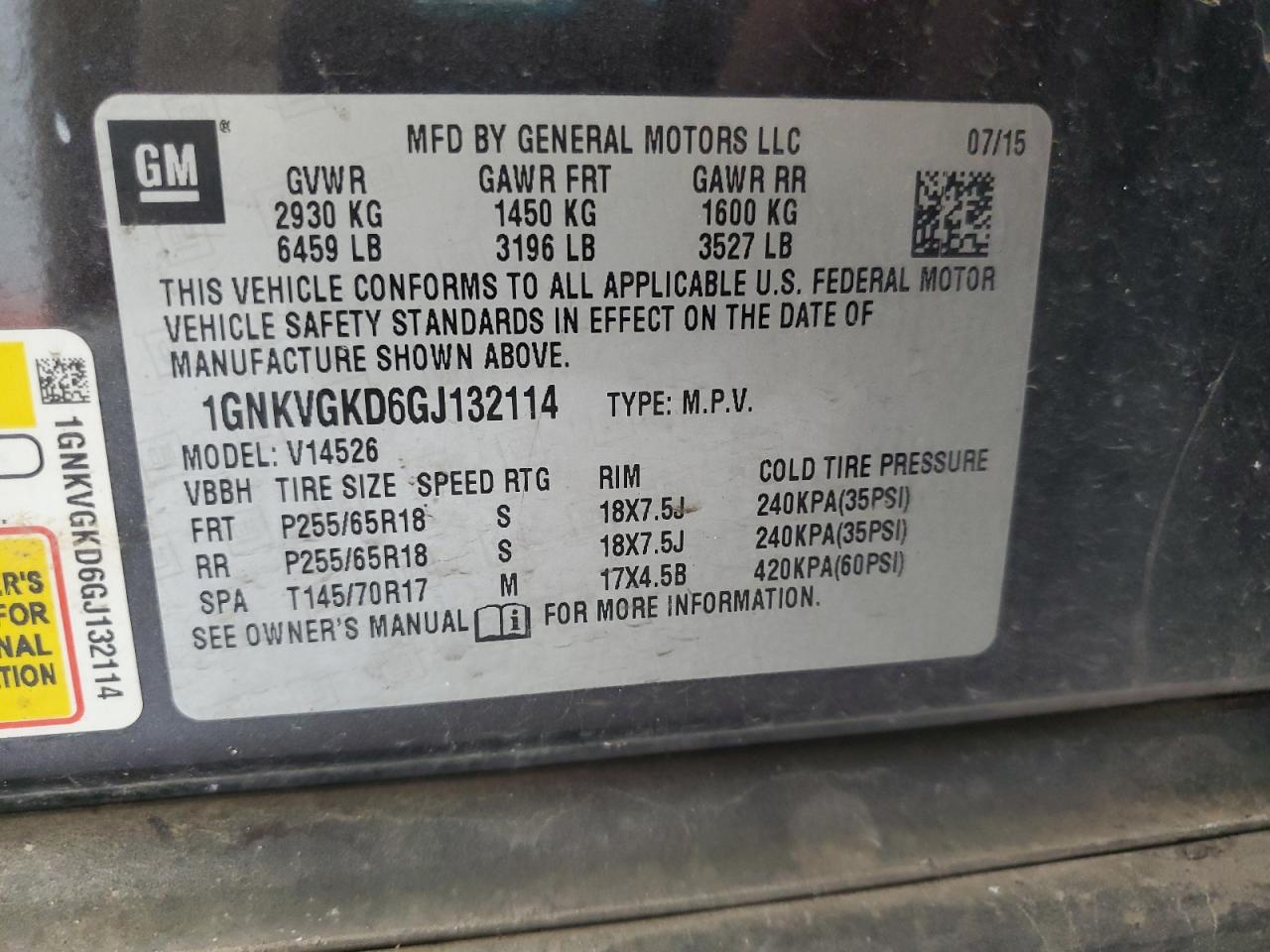 2016 Chevrolet Traverse Lt VIN: 1GNKVGKD6GJ132114 Lot: 69090935