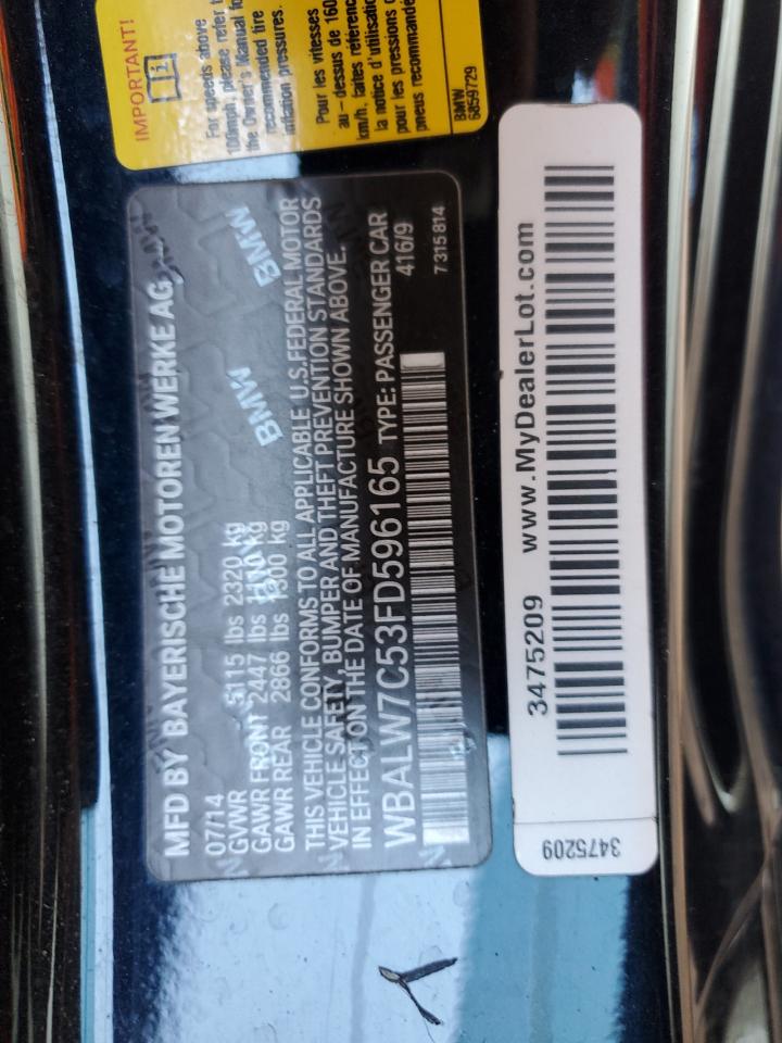 2015 BMW 640 I VIN: WBALW7C53FD596165 Lot: 70414855