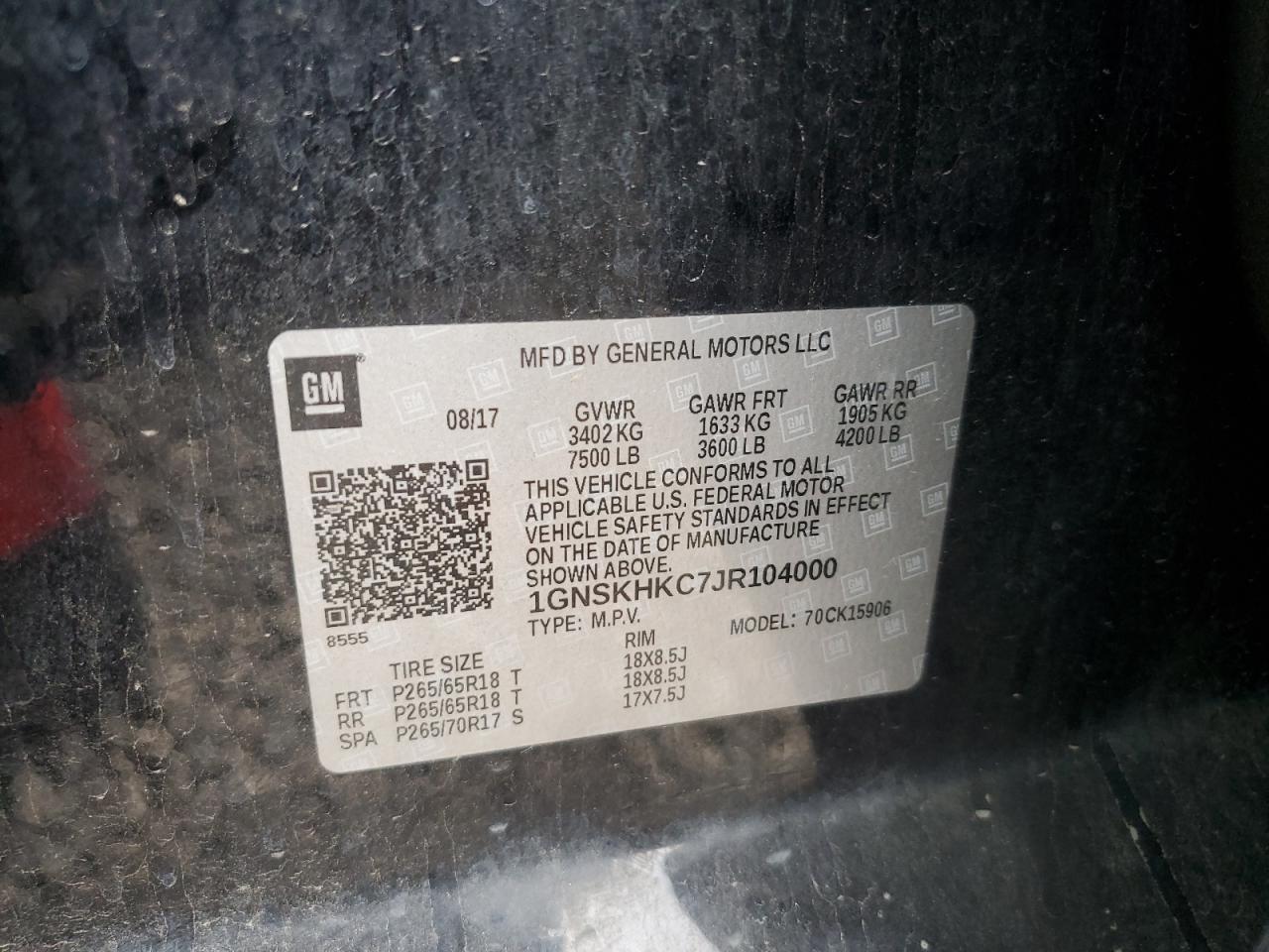 2018 Chevrolet Suburban K1500 Lt VIN: 1GNSKHKC7JR104000 Lot: 69630635