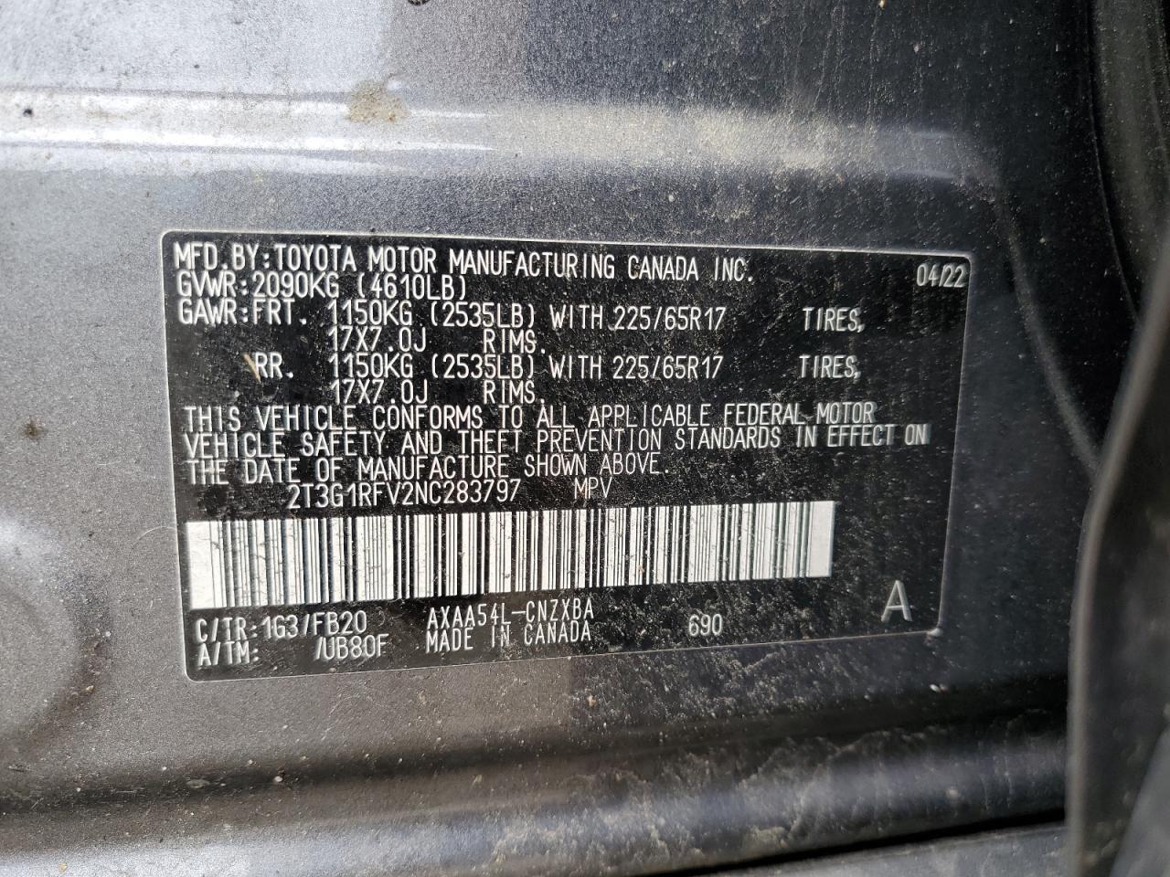 2022 Toyota Rav4 Le VIN: 2T3G1RFV2NC283797 Lot: 68920285