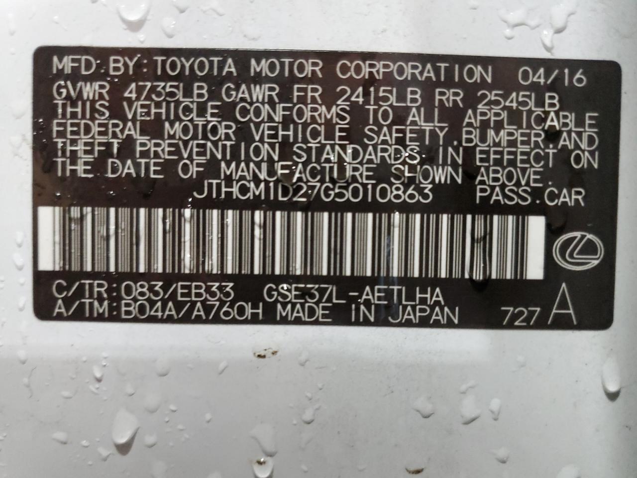 2016 Lexus Is 300 VIN: JTHCM1D27G5010863 Lot: 67013095