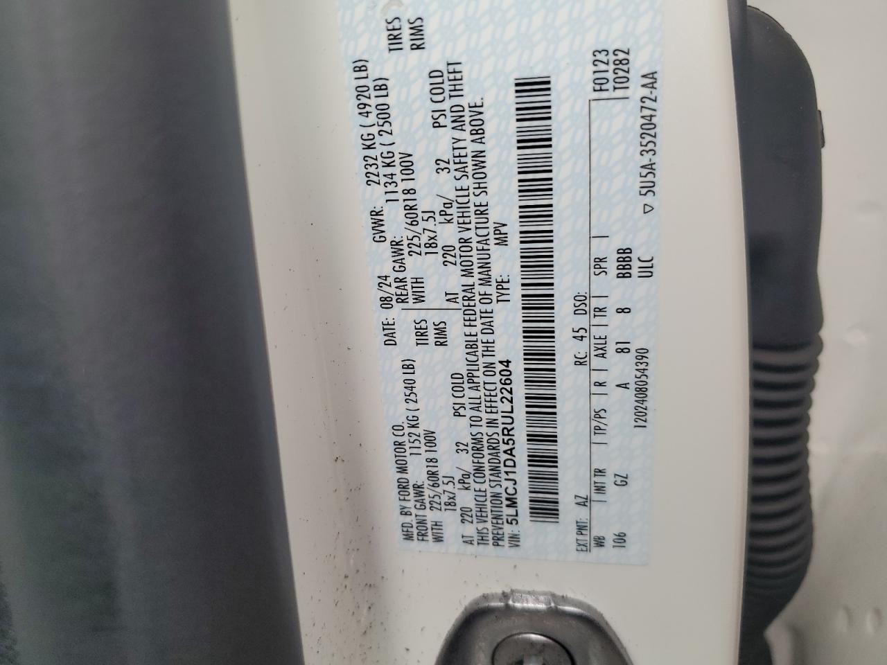 2024 Lincoln Corsair VIN: 5LMCJ1DA5RUL22604 Lot: 68694255