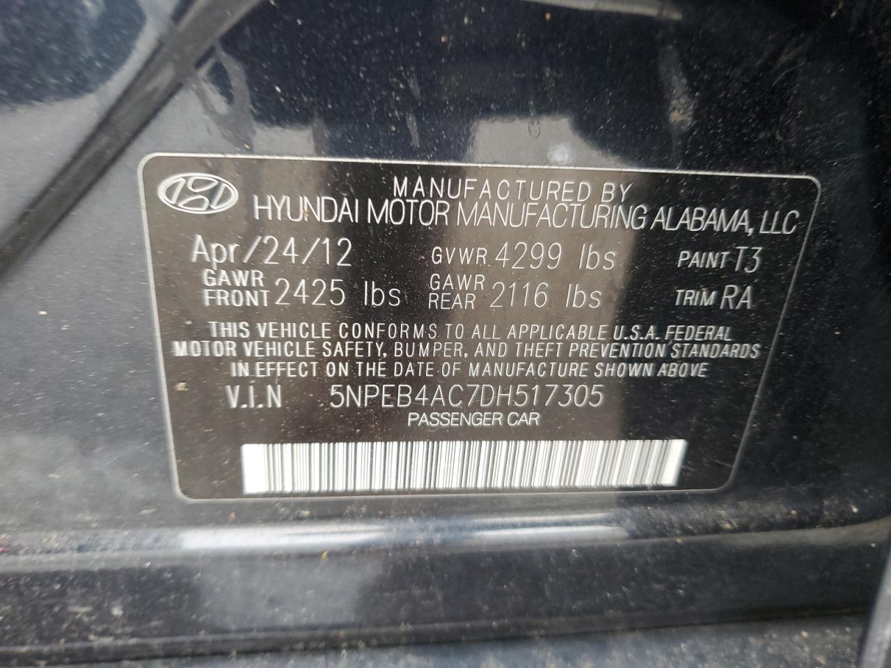 2013 Hyundai Sonata Gls VIN: 5NPEB4AC7DH517305 Lot: 67641435