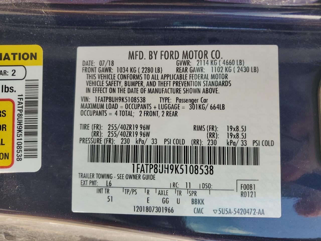 2019 Ford Mustang VIN: 1FATP8UH9K5108538 Lot: 69435695