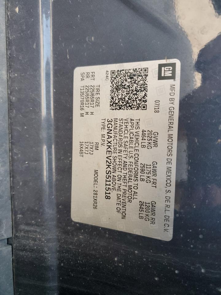 2019 Chevrolet Equinox Lt VIN: 3GNAXKEV2KS511518 Lot: 69127025