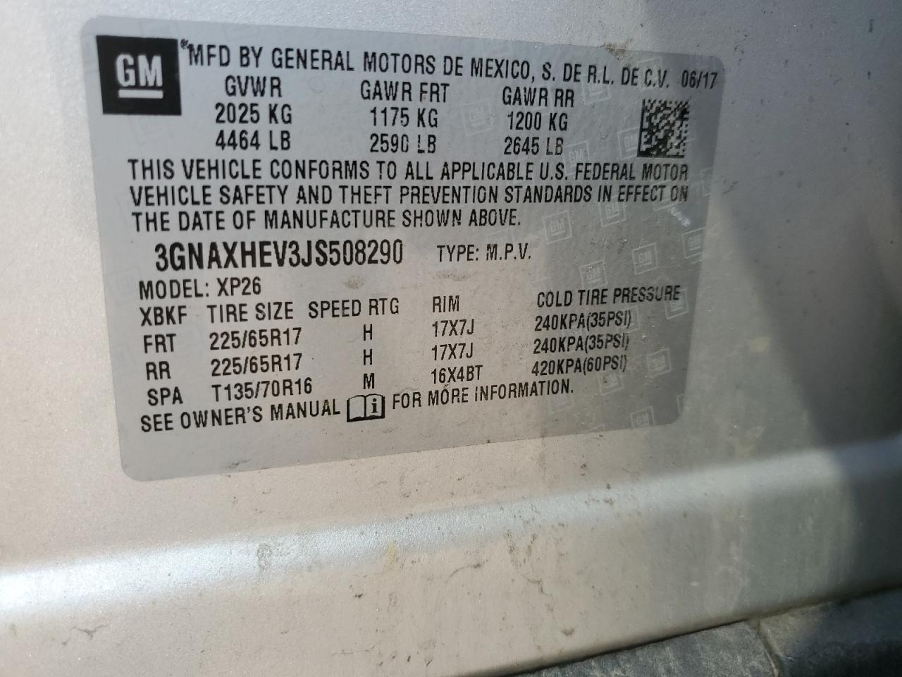 2018 Chevrolet Equinox Ls VIN: 3GNAXHEV3JS508290 Lot: 67058865