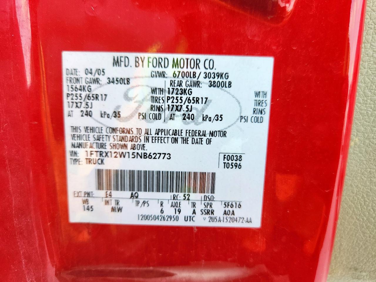 2005 Ford F150 VIN: 1FTRX12W15NB62773 Lot: 69172635