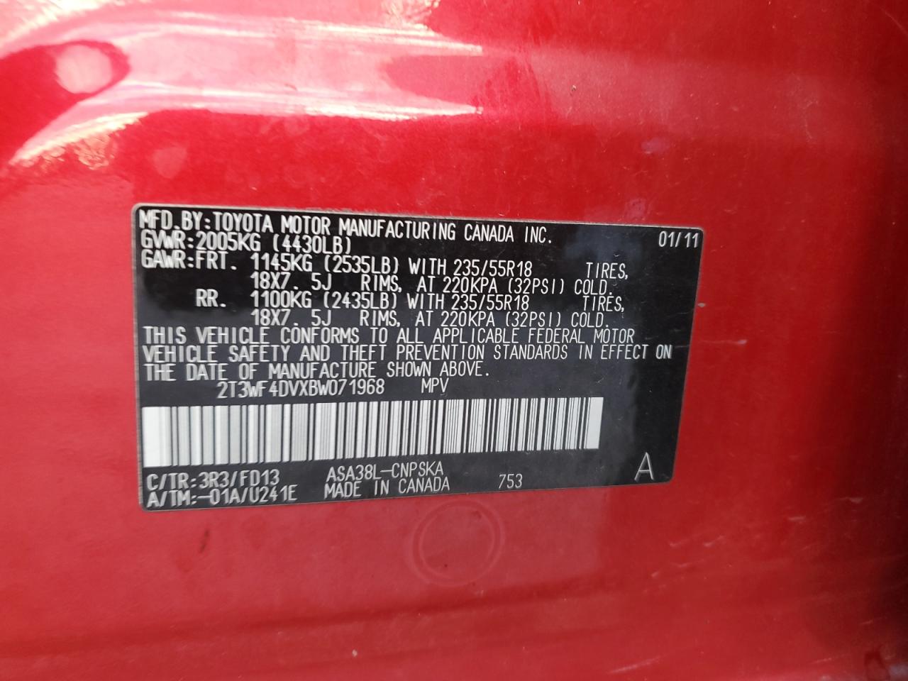 2011 Toyota Rav4 Sport VIN: 2T3WF4DVXBW071968 Lot: 69202215