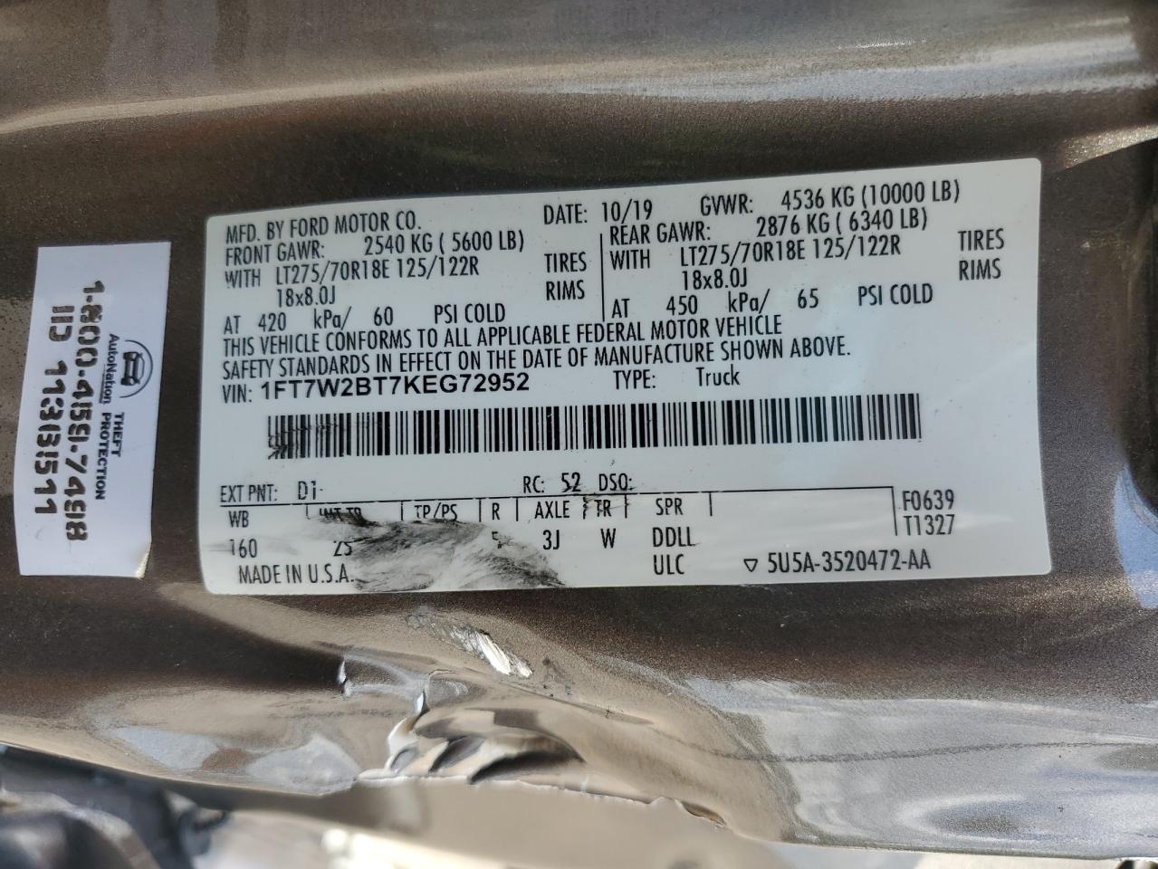 2019 Ford F250 Super Duty VIN: 1FT7W2BT7KEG72952 Lot: 69014915