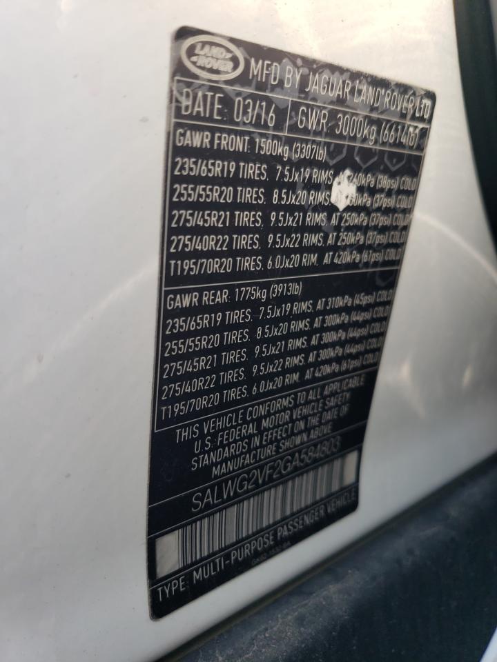2016 Land Rover Range Rover Sport Se VIN: SALWG2VF2GA584803 Lot: 68484355