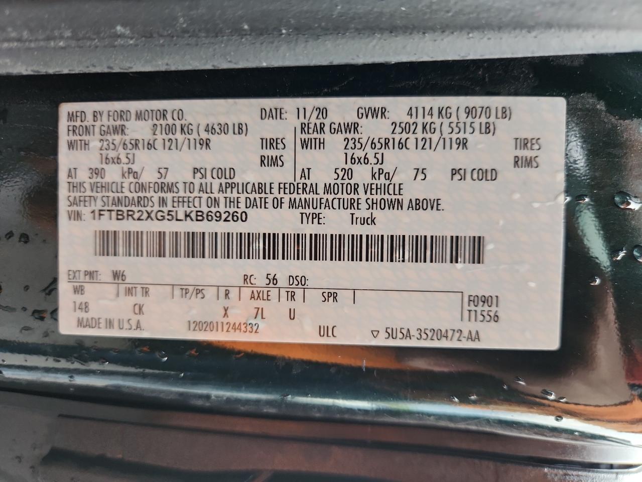 2020 Ford Transit T-250 VIN: 1FTBR2XG5LKB69260 Lot: 63528105