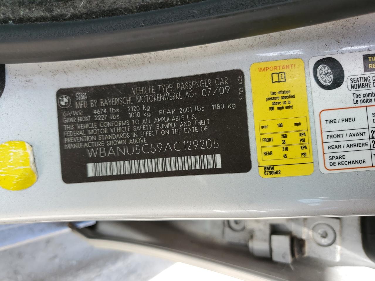 2010 BMW 528 I VIN: WBANU5C59AC129205 Lot: 70185795