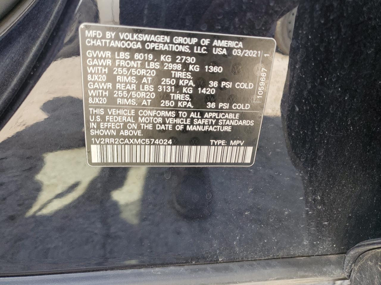 2021 Volkswagen Atlas Se VIN: 1V2RR2CAXMC574024 Lot: 68744865