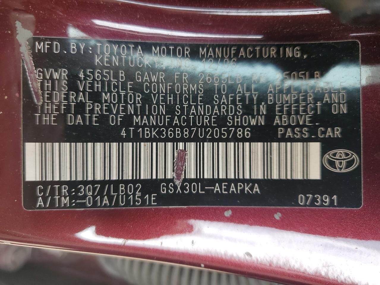 2007 Toyota Avalon Xl VIN: 4T1BK36B87U205786 Lot: 70177355