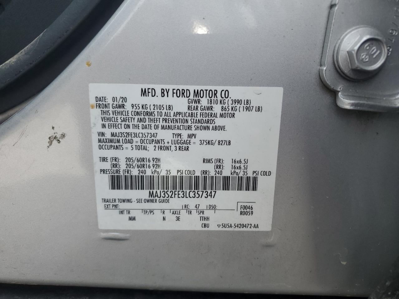 2020 Ford Ecosport S VIN: MAJ3S2FE3LC357347 Lot: 67112975