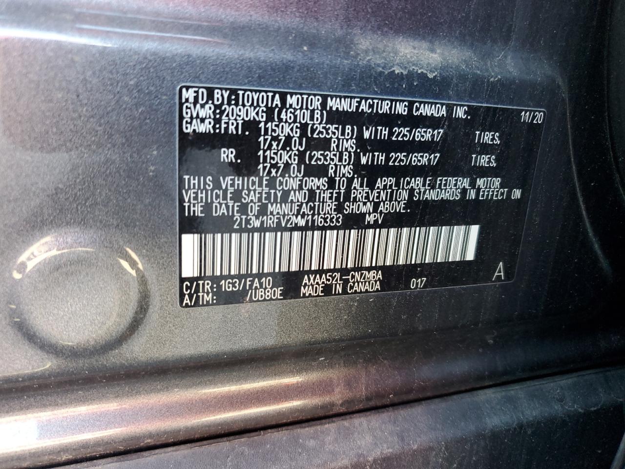 2T3W1RFV2MW116333 2021 Toyota Rav4 Xle