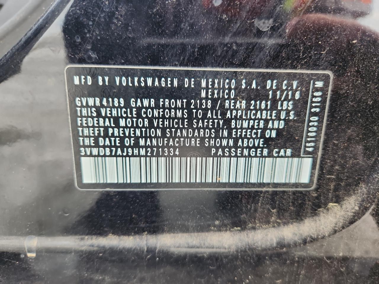 2017 Volkswagen Jetta Se VIN: 3VWDB7AJ9HM271334 Lot: 68009865