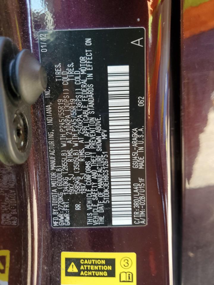 2012 Toyota Highlander Limited VIN: 5TDDK3EH8CS126751 Lot: 68512525