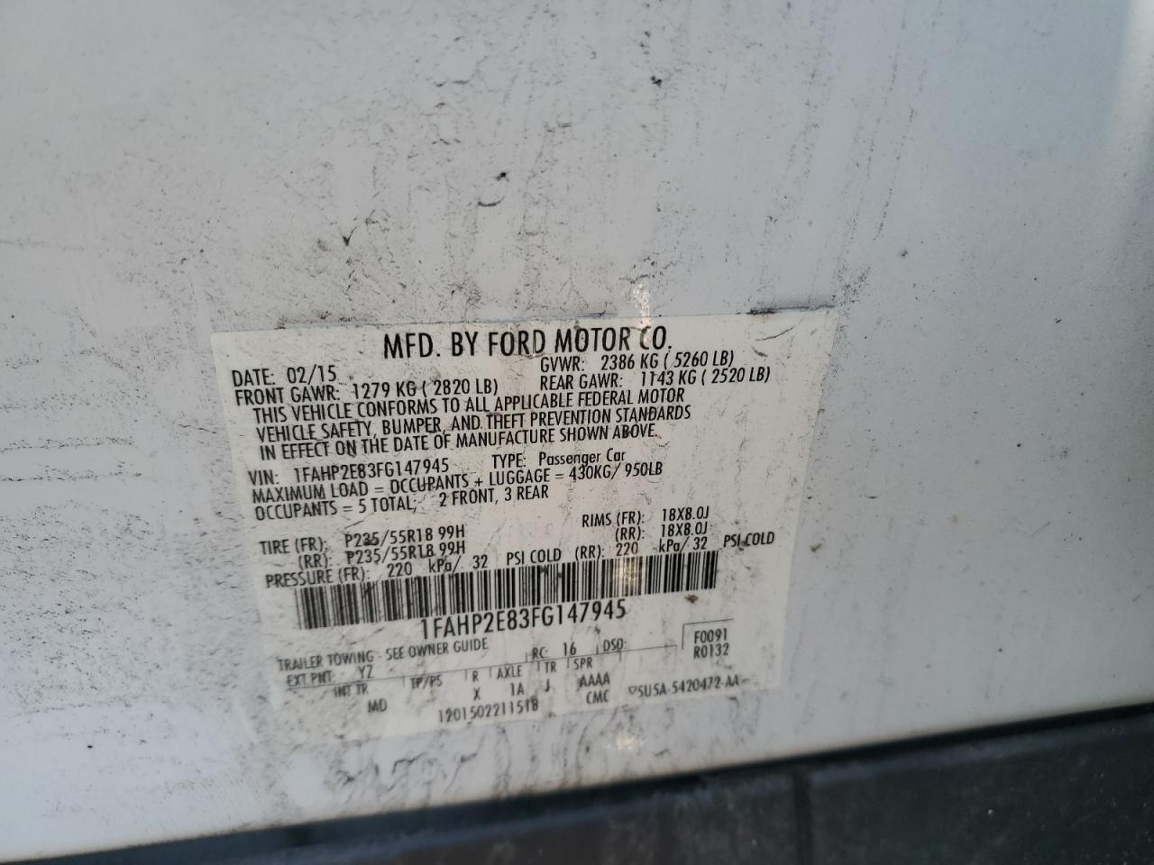 2015 Ford Taurus Sel VIN: 1FAHP2E83FG147945 Lot: 67523475