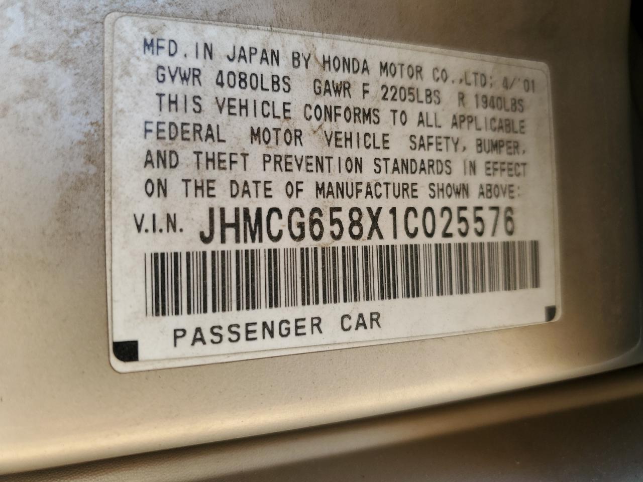 2001 Honda Accord Ex VIN: JHMCG658X1C025576 Lot: 68723855